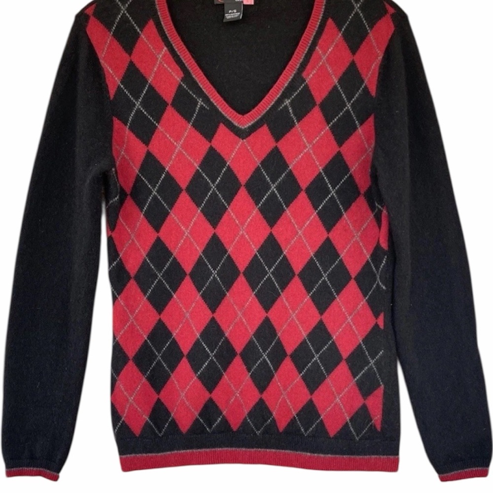 Red Moon Cashmere Preppy Women Large Argyle V Neck Red Black‎ Diamond Sweater